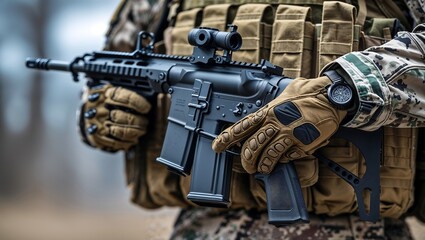 Focused Soldier Gripping Assault Weapon with Tactical Gear and Gloved Hands in a Blurred Outdoor Background