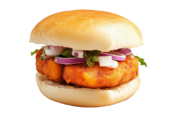 Crispy chicken sandwich Vada pav with red onions, herbs, and soft bun isolated on white background, concept of fast food