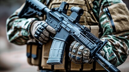 Military Operator in Camouflage Uniform Aiming Rifle with Picatinny Rail System and High-Capacity Magazine