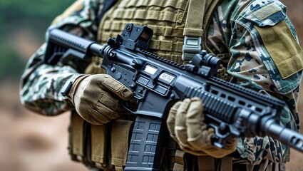 Close-Up of Soldier Holding Black Assault Rifle with Red Dot Sight and Tactical Vest in Outdoor Combat Setting