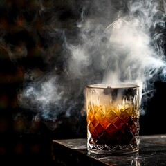 Smoky Whiskey Cocktail in a Crystal Glass. A close up image perfect for bar menus or spirits advertising.