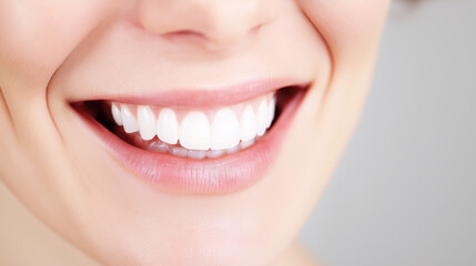 Obraz premium Close-up of natural smile with perfect white teeth, soft lighting on light grey background.