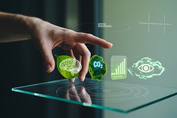 Hand interacting with holographic environmental data and symbols touching projection