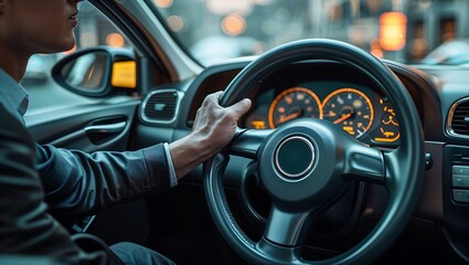 Realistic Medium Shot of Determined Truck Driver Gripping the Wheel While Traveling Along a Rural Highway