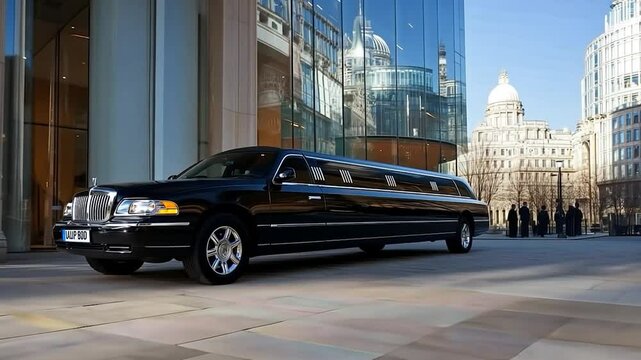 Black limousine parked outside modern glass building on a bright sunny day. City background, clean pavement