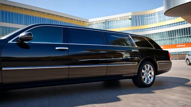 Black limousine parked outdoors on a sunny day near a modern building. The car is sleek and shiny, reflecting sunlight.  The background features a contemporary architectural structure