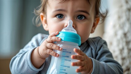 Baby Feeding Moment with Clear Plastic Bottle and Teal Cap, Focused Expression and Tender Composition