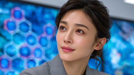 Fototapeta premium A thoughtful asian woman looks up with confidence