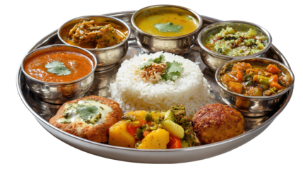 Delicious Indian Thali Curries, Rice, Naan, and Vegetables