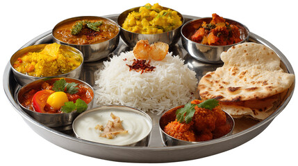 Delicious Indian Thali Curries, Rice, Naan, and Vegetables