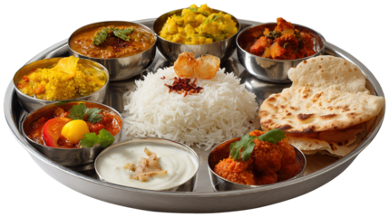 Delicious Indian Thali Curries, Rice, Naan, and Vegetables