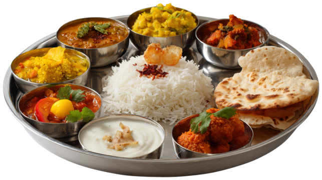 Delicious Indian Thali Curries, Rice, Naan, and Vegetables - Powered by Adobe