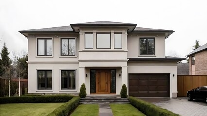 Fototapeta premium Modern Two-Story Residential House with Elegant Exterior and Wooden Garage Door