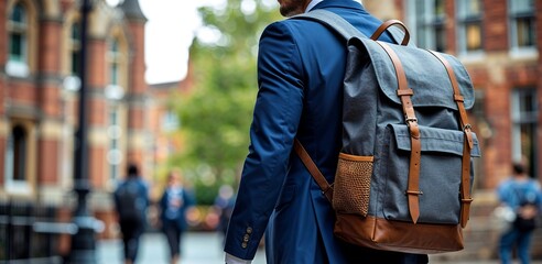 Confident City Professional in a Modern Blue Suit and Backpack with Autumn Tones in the Urban Backdrop