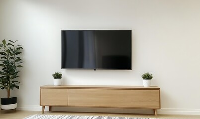 Bright Modern Living Room Interior with Minimalist Furniture, Wall-Mounted TV, Indoor Plants and Natural Light for Elegant Home Design Concepts