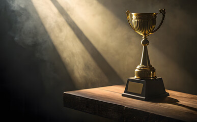 Golden Trophy Cup Under Spotlight on Black Background