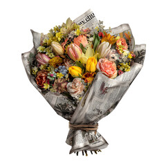 Colorful Flower Bouquet Wrapped in Newspaper Isolated on Transparent Background


