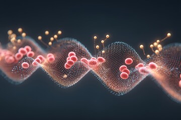 An abstract, visually captivating, and intricate depiction of DNA strands. The image showcases a spiral with particles floating