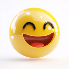 Fototapeta premium 3D happy emoji character with big smile and closed eyes on glossy yellow face over white background 