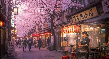 Naklejka premium An energetic crowd navigates the busy street of a city at night, illuminated by a tokyo and the warm light of a street cafe