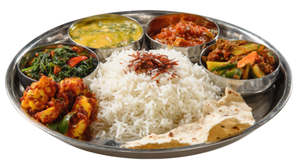 Delicious Indian Thali Curries, Rice, Naan, and Vegetables