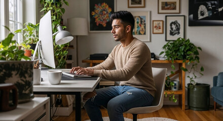 Gen Z freelancer working on desktop computer in sustainable home office