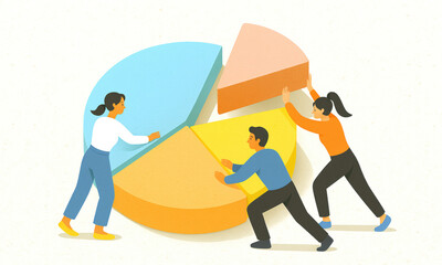 People Assembling Pastel Paper Pie Chart – Flat Illustration of Teamwork Concept
