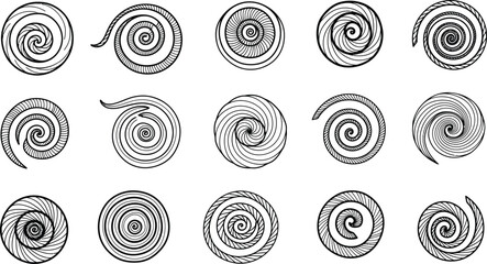 Minimalist black swirl and spiral pattern collection in abstract line style on white background for modern design