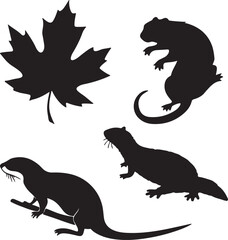 Naklejka premium Silhouettes of Maple Leaf, Otter, and Salamander Icon Vector Design – Solid Black Nature Symbols for Wildlife and Botanical Themes