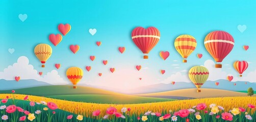 Paper cut style summer field landscape with hot air balloons, blue sky, and hearts; idyllic spring panorama ,  cartoon,  illustration