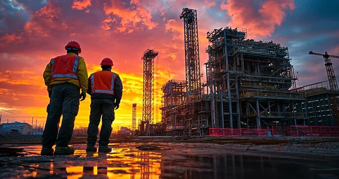 Workers observing sunset at a construction site