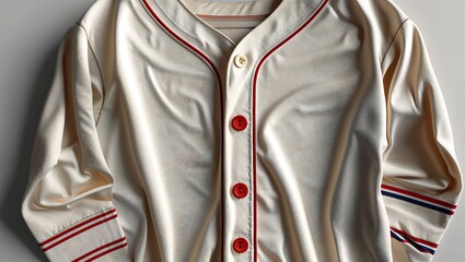 Retro Satin Baseball Jersey with Red Piping and Striped Cuffs Displayed in Soft, Diffused Light for Nostalgic Appeal