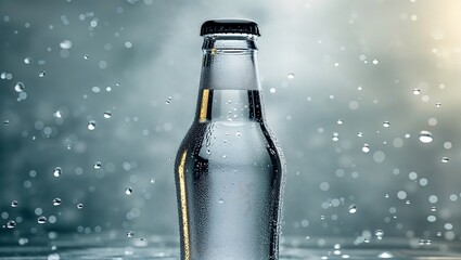 Minimalist Beverage Concept Featuring Transparent Bottle and Droplets Against a Blurred Golden Restaurant Background