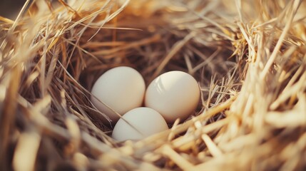 White eggs nestled in straw. Organic farming and self-sufficiency in rural life. Homesteading and sustainable living