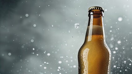 Elegant Glass Bottle with Clear Liquid and Water Droplets Hovering Over a Reflective Bar Countertop

