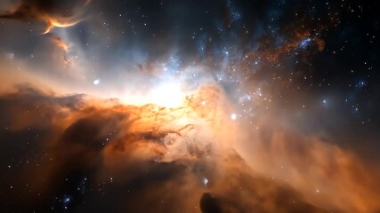 Cosmic clouds of orange and blue hues illuminate a dark, star-filled expanse. Glowing gases create a vibrant nebula with dynamic textures and bright central light source