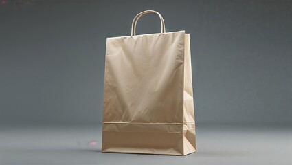 Minimalist Image of a Brown Paper Shopping Bag with Handles Standing Upright on a Gray Gradient Background