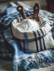 Flour in a Rustic Burlap Sack with Wooden Spoons. A close up image of baking ingredients.
