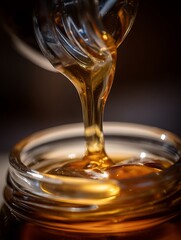 Golden Honey Pouring into a Glass Jar, Close Up Photography.