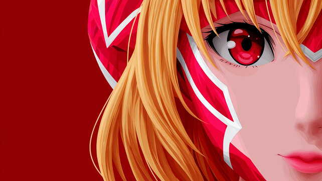 Anime girl with striking red eyes and blonde hair, wearing a mask - Powered by Adobe