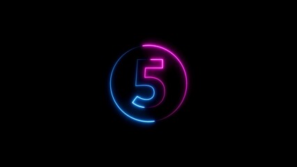 Illuminated neon number five within a glowing circle on a dark black background
