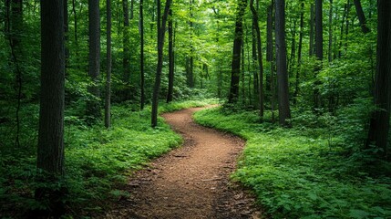 Obraz premium Forest Pathway Through Trees Leading Into a Serene Green Nature Scene
