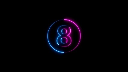Illuminated neon number eight in a circular frame with gradient lighting on a black background