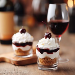 Delicious Cherry Dessert in Glass Cups, Close Up Shot.