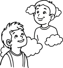 Two happy children with fluffy clouds around them in a simple line drawing style