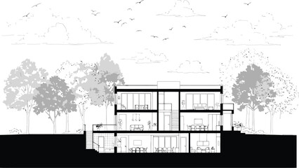 Architectural cross section of a modern lakeside home with multiple levels and interior views