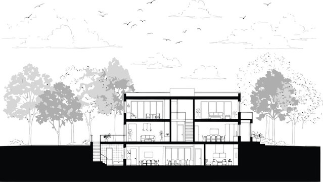 Architectural cross section of a modern lakeside home with multiple levels and interior views