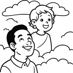 Two happy smiling boys in the clouds enjoying a bright day together