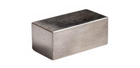 A rectangular block of brushed metal, with a smooth finish, isolated on a black background