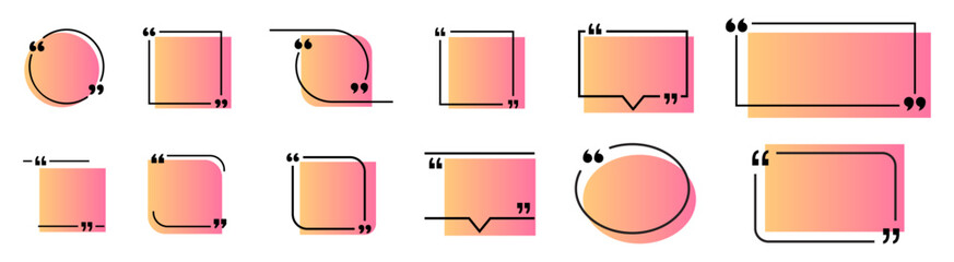 Quote frame icon set in various shapes like square, circle, and speech bubbles. Each has a unique gradient color, perfect for digital content, web design, blogs, or social media.